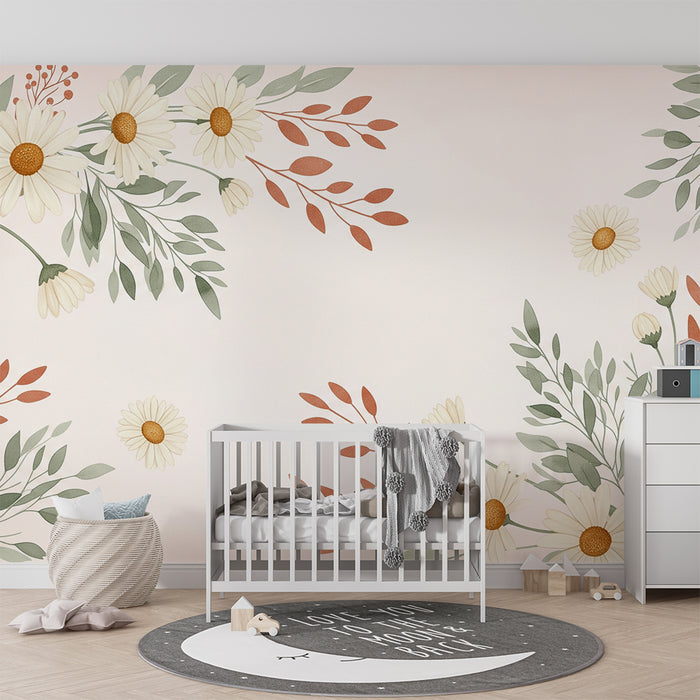 Papier peint chambre bébé | Fleurs marguerites et terracotta