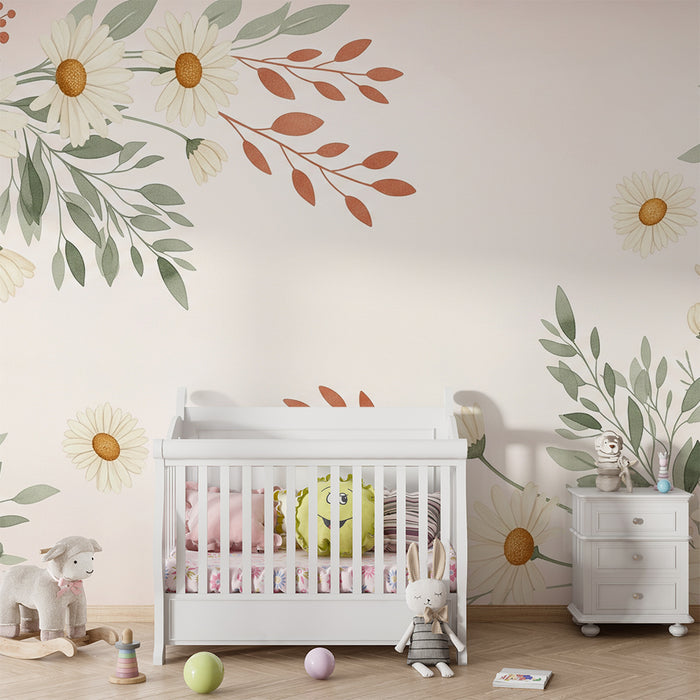 Papier peint chambre bébé | Fleurs marguerites et terracotta
