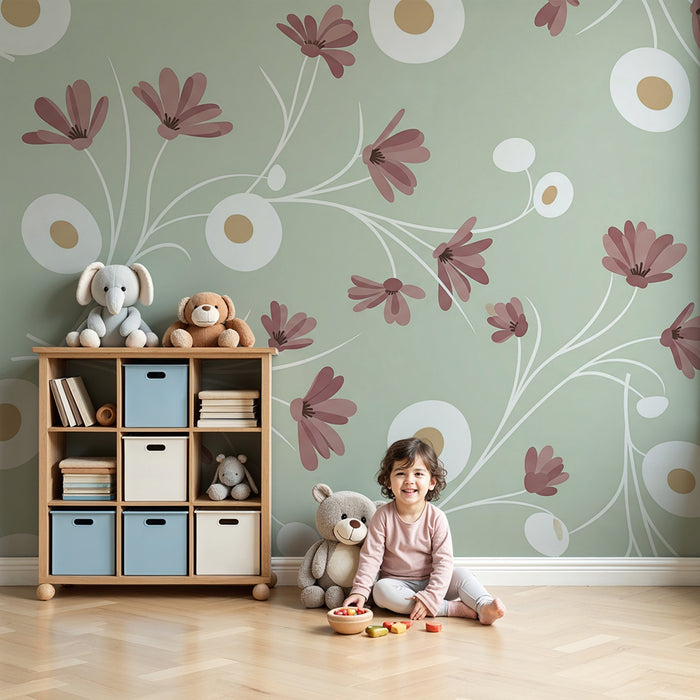 Barntapet | Lila blommor på salviagrön bakgrund