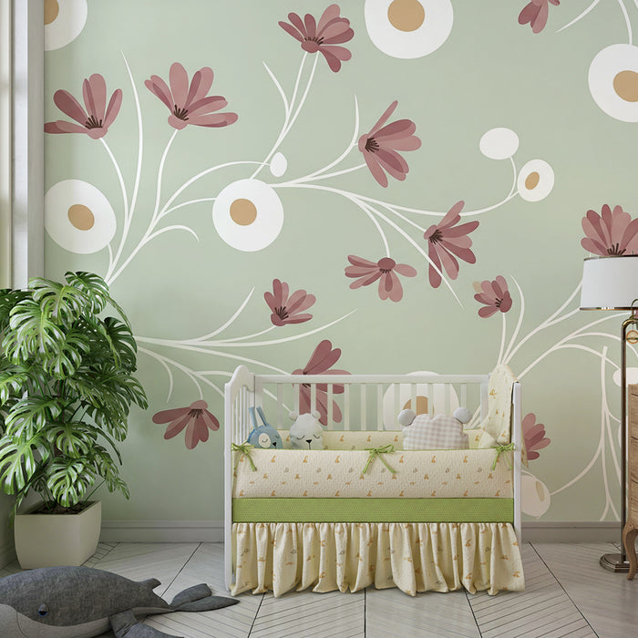 Barntapet | Lila blommor på salviagrön bakgrund