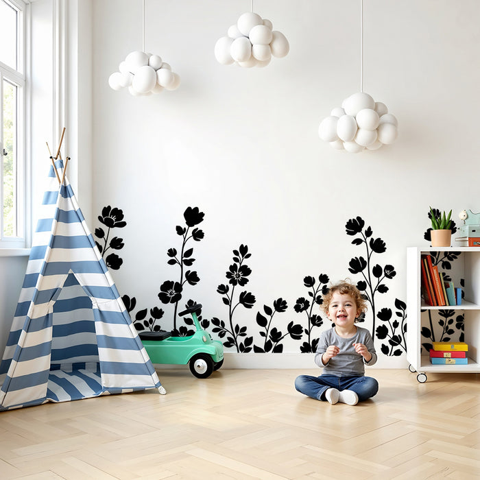 Papier peint chambre bébé | Fleurs noires délicates sur fond blanc