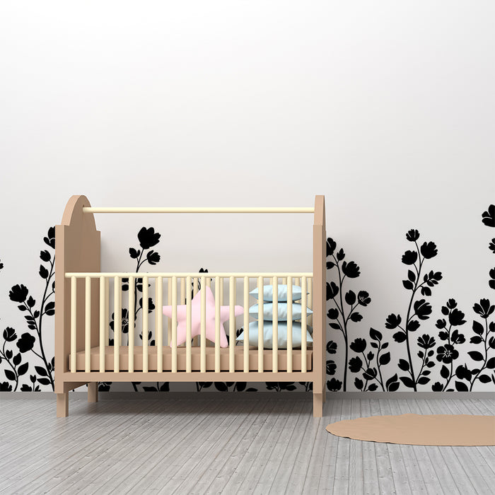Papier peint chambre bébé | Fleurs noires délicates sur fond blanc