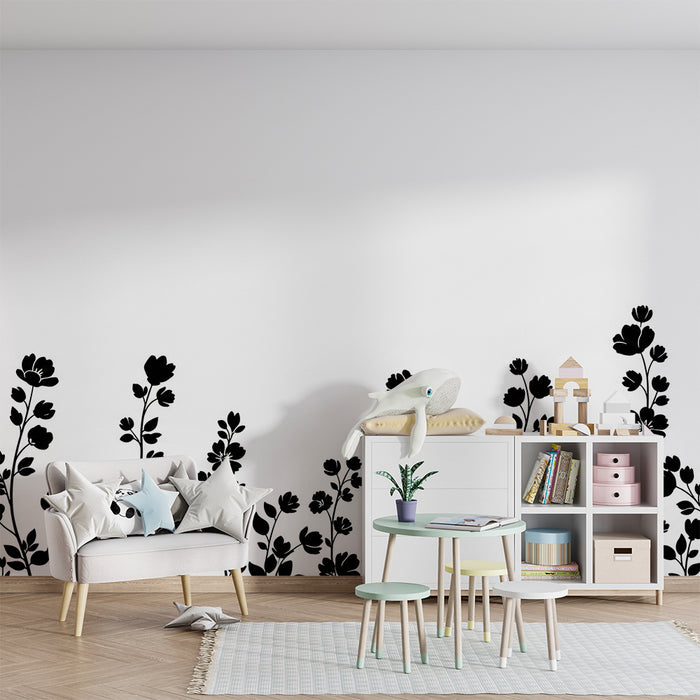 Papier peint chambre bébé | Fleurs noires délicates sur fond blanc