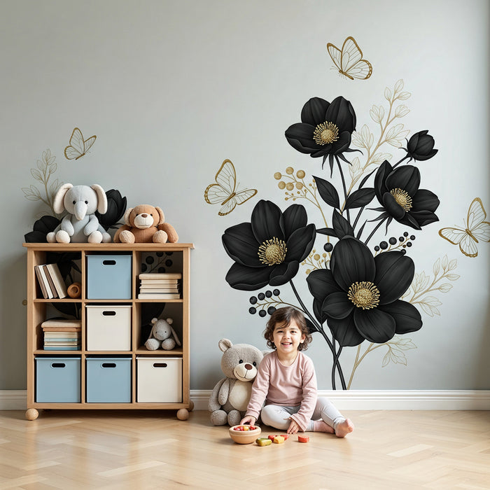Vægmaleri til børneværelse | Elegante sorte blomster med gyldne sommerfugle