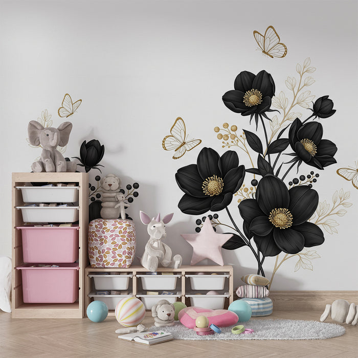 Vægmaleri til børneværelse | Elegante sorte blomster med gyldne sommerfugle