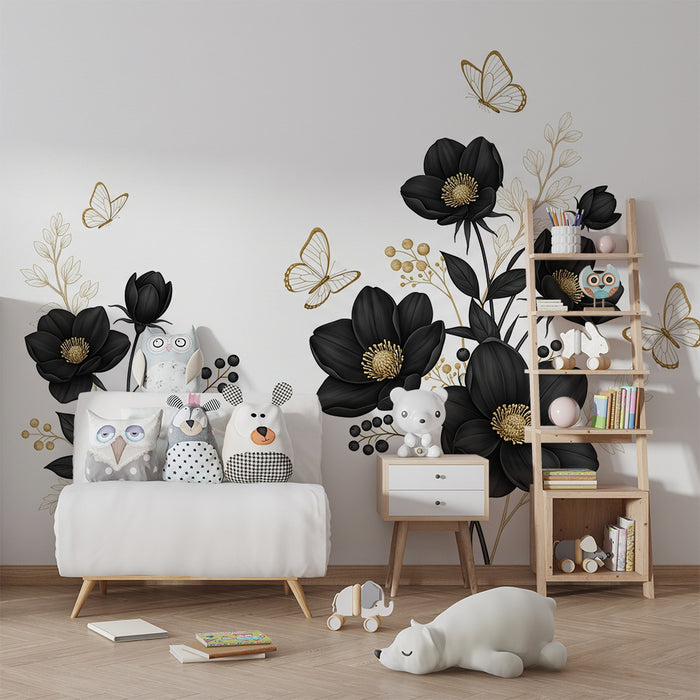 Vægmaleri til børneværelse | Elegante sorte blomster med gyldne sommerfugle