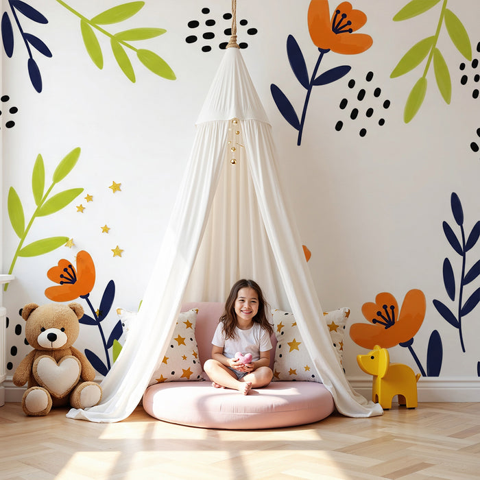 Χαρτί τοίχου βρεφικού δωματίου | Πορτοκαλί λουλούδια και ζωηρά φύλλα σε λευκό φόντο