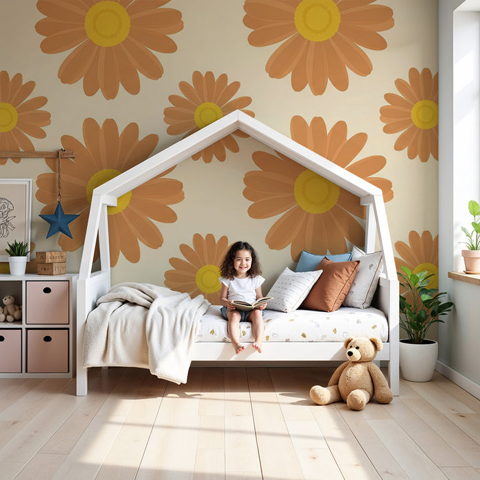 Papier peint chambre bébé | Fleurs orange et jaunes sur fond doux