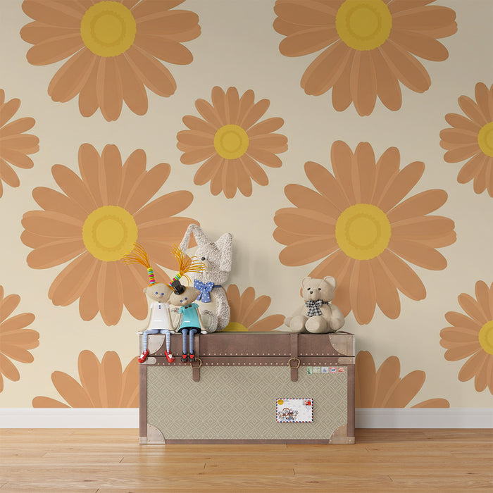 Papier peint chambre bébé | Fleurs orange et jaunes sur fond doux