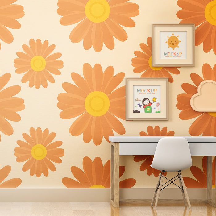 Papier peint chambre bébé | Fleurs orange et jaunes sur fond doux