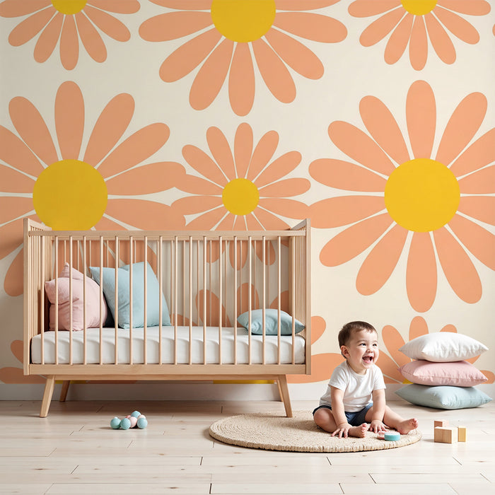 Papier peint chambre bébé | Fleurs pastel avec pétales rose et centres jaunes