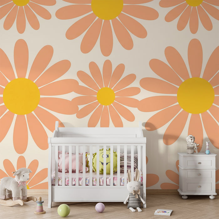 Papier peint chambre bébé | Fleurs pastel avec pétales rose et centres jaunes