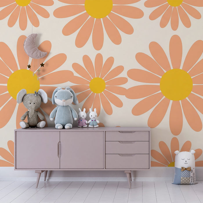 Papier peint chambre bébé | Fleurs pastel avec pétales rose et centres jaunes