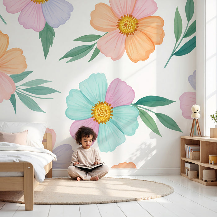 Tapet pentru camera copilului | Flori pastel delicate pe fundal alb
