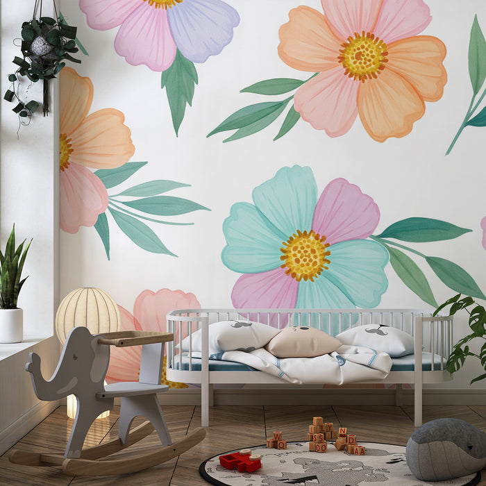 Tapet pentru camera copilului | Flori pastel delicate pe fundal alb