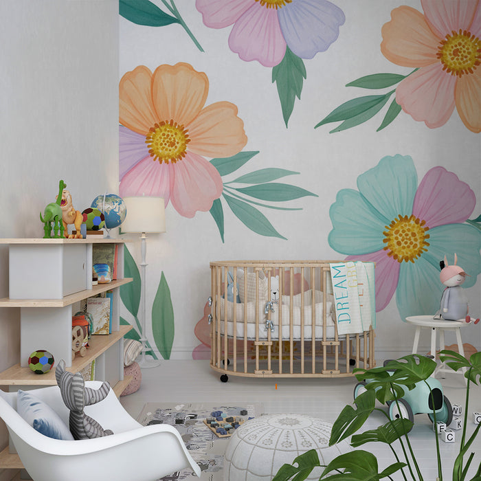 Tapet pentru camera copilului | Flori pastel delicate pe fundal alb