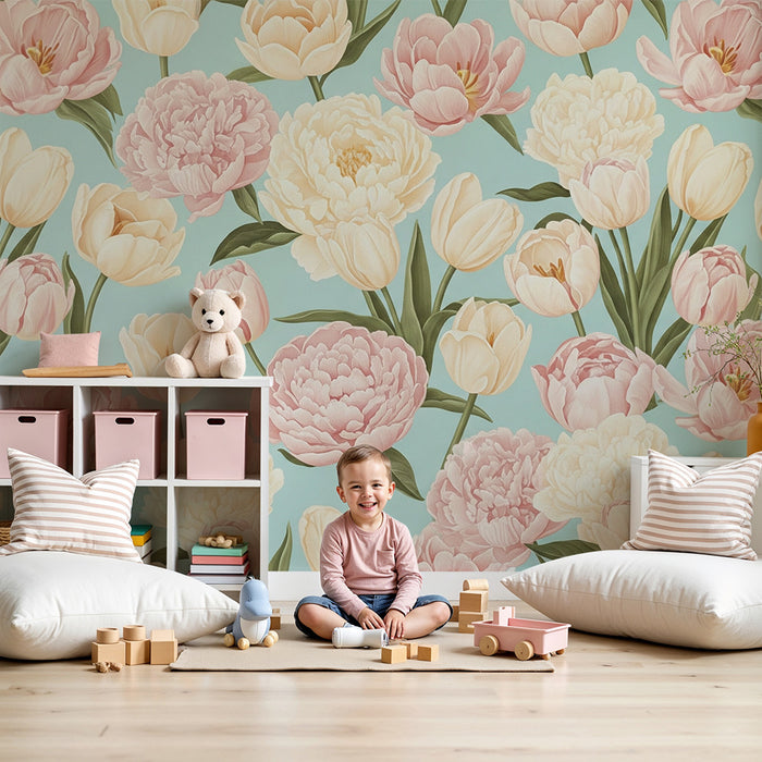 Nursery room wallpaper | Pastel flowers and spring sweetness