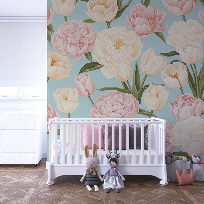Nursery room wallpaper | Pastel flowers and spring sweetness