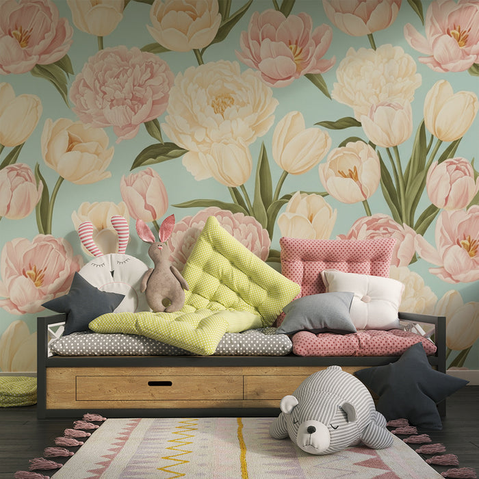 Nursery room wallpaper | Pastel flowers and spring sweetness