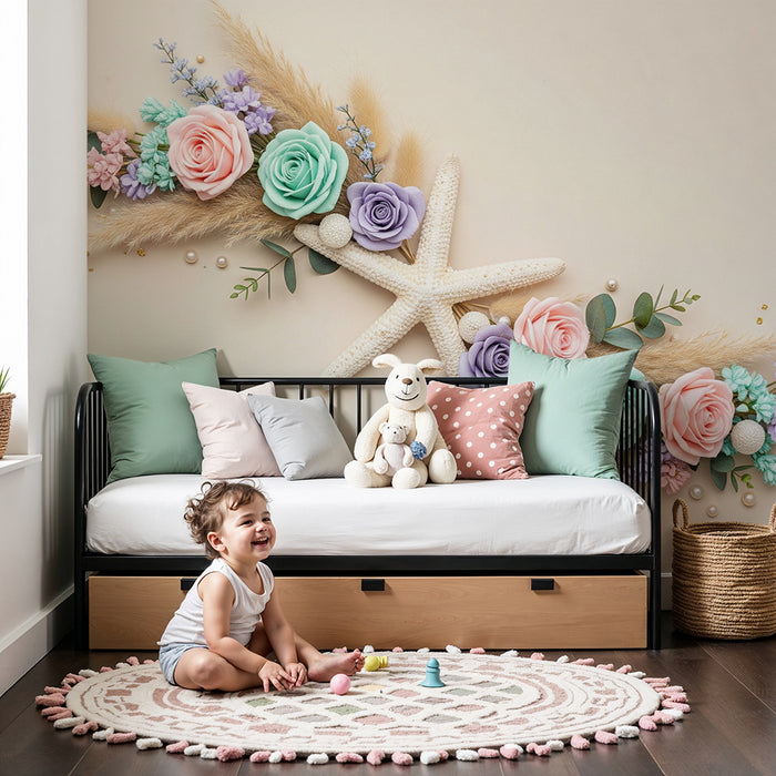 Babykamer behang | Pastelbloemen en zeesterren voor een zachte sfeer