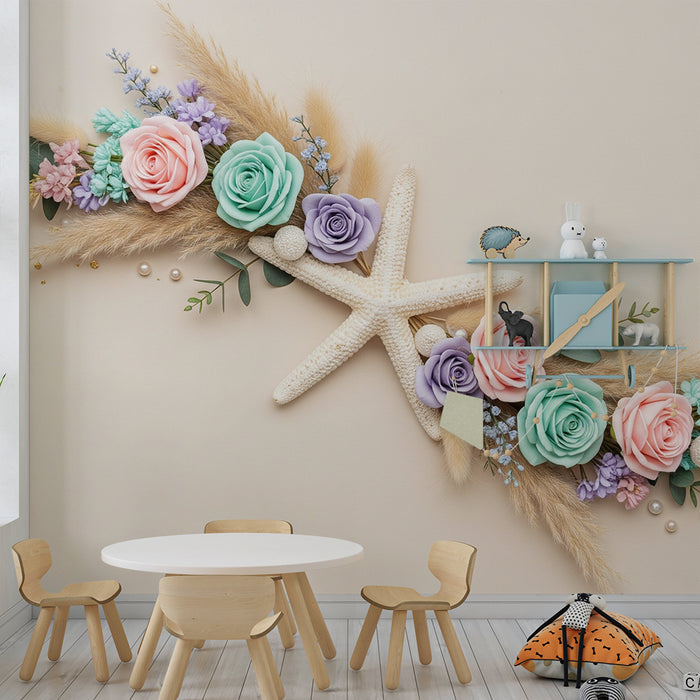 Babykamer behang | Pastelbloemen en zeesterren voor een zachte sfeer