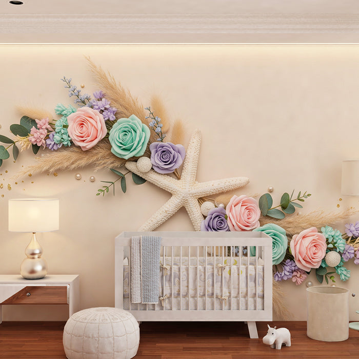 Babykamer behang | Pastelbloemen en zeesterren voor een zachte sfeer