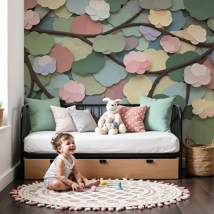 Papel de parede para quarto de bebé | Flores pastel e folhagem delicada sobre fundo suave