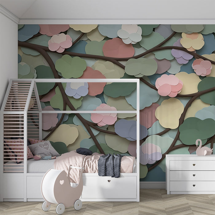 Papel de parede para quarto de bebé | Flores pastel e folhagem delicada sobre fundo suave