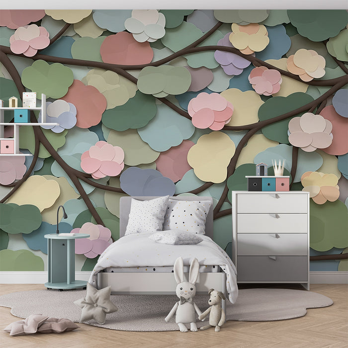 Papel de parede para quarto de bebé | Flores pastel e folhagem delicada sobre fundo suave