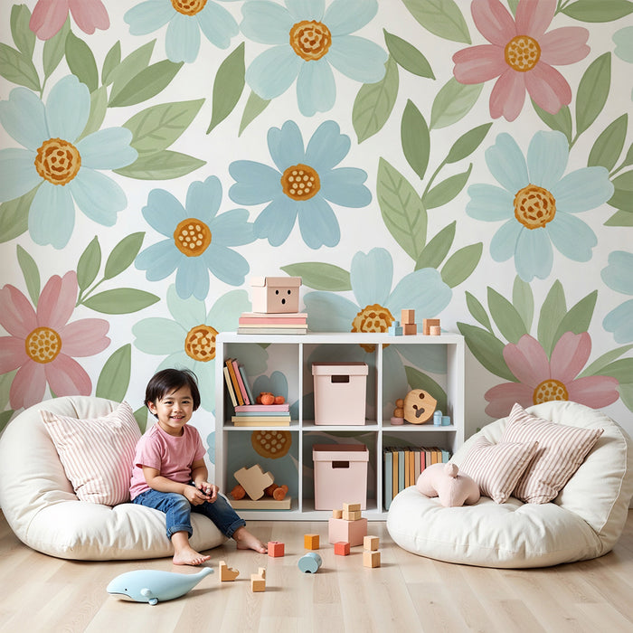 Papel de parede quarto bebê | Pastelni cvetovi in nežno listje za pomirjujočo vzdušje