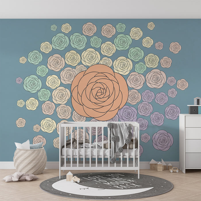Papier peint chambre bébé | Fleurs pastel sur fond bleu apaisant