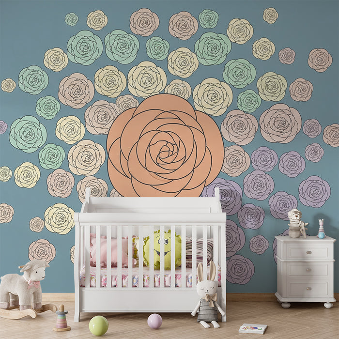 Papier peint chambre bébé | Fleurs pastel sur fond bleu apaisant