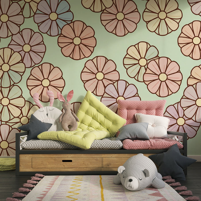 Tapet barnerom | Pastellblomster på myk grønn bakgrunn