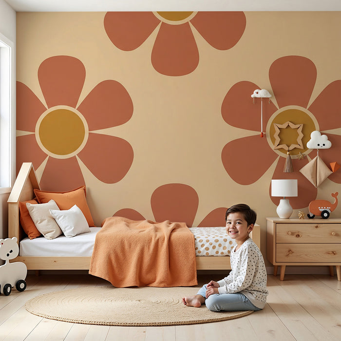 Papier peint chambre bébé | Fleurs rétro aux couleurs douces sur fond crème