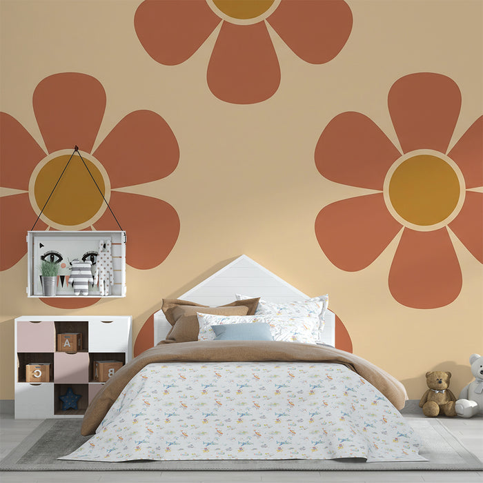 Papier peint chambre bébé | Fleurs rétro aux couleurs douces sur fond crème