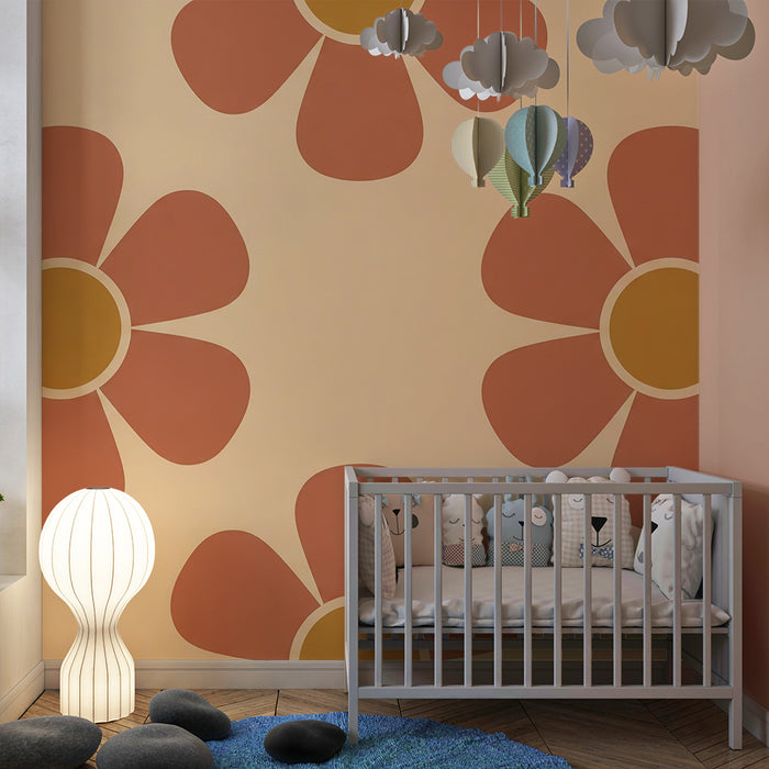 Papier peint chambre bébé | Fleurs rétro aux couleurs douces sur fond crème