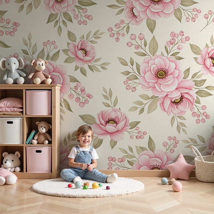 Papier peint chambre bébé | Fleurs roses délicates sur fond crème