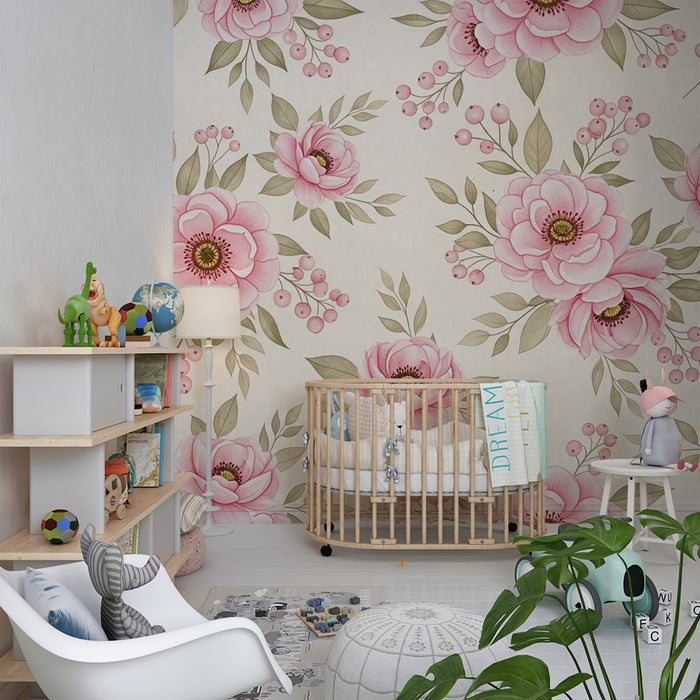 Papier peint chambre bébé | Fleurs roses délicates sur fond crème