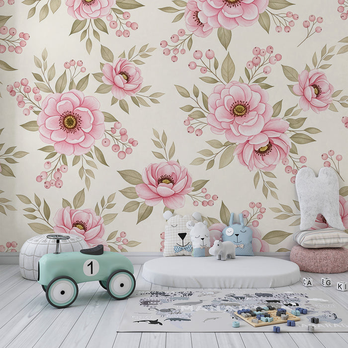 Papier peint chambre bébé | Fleurs roses délicates sur fond crème
