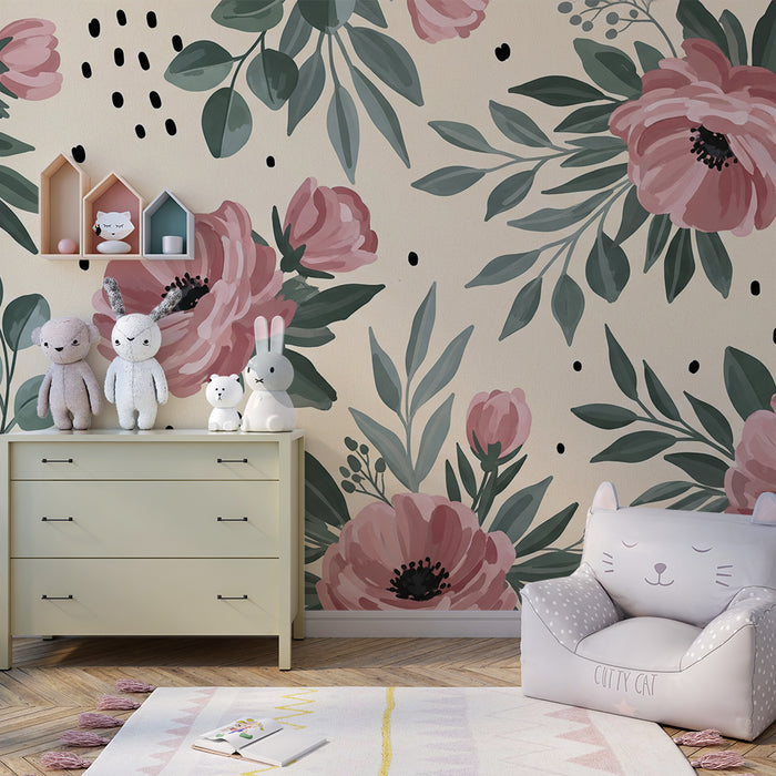 Papel de parede quarto bebê | Flores delicadas em fundo creme rosado