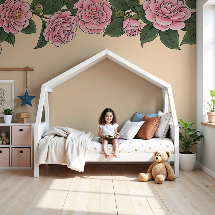 Papier peint chambre bébé | Fleurs roses délicates sur fond doux