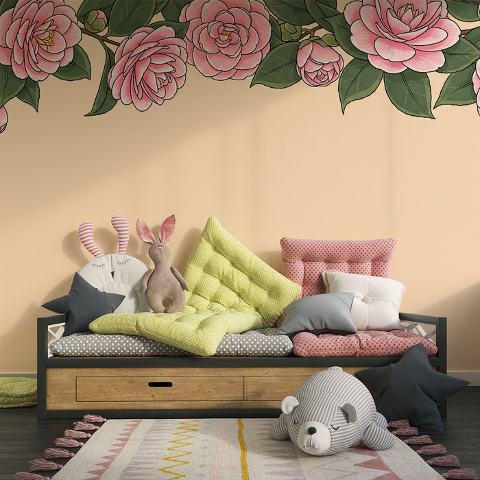 Papier peint chambre bébé | Fleurs roses délicates sur fond doux