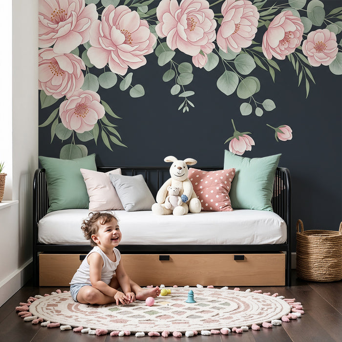 Babykamer behang | Delicate roze bloemen op een donkere achtergrond