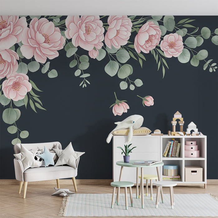 Babykamer behang | Delicate roze bloemen op een donkere achtergrond