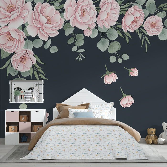 Babykamer behang | Delicate roze bloemen op een donkere achtergrond