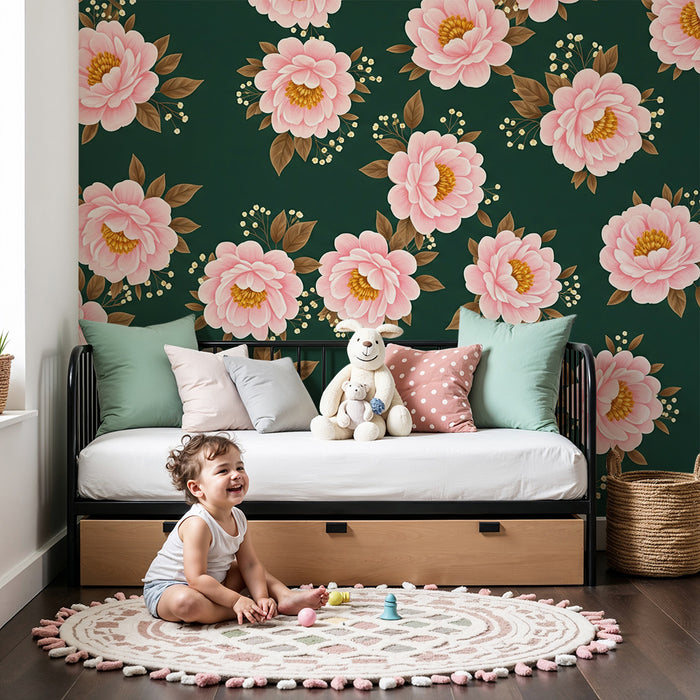 Barntapet | Delikata rosa blommor på djupt grönt bakgrund