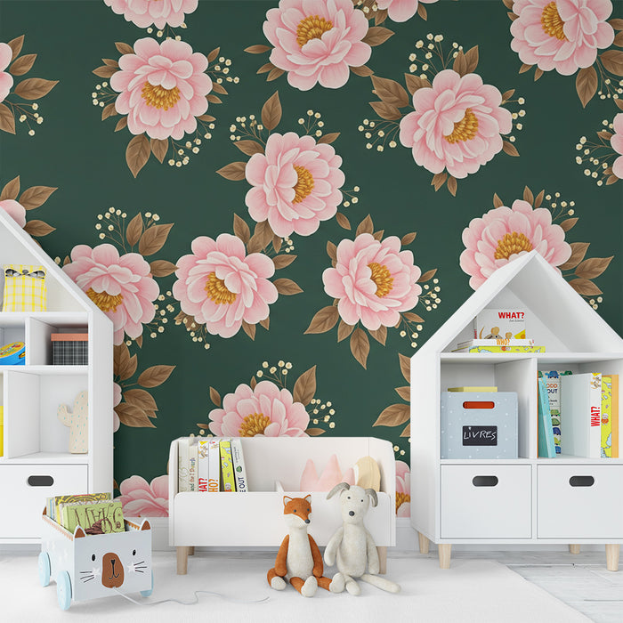 Barntapet | Delikata rosa blommor på djupt grönt bakgrund
