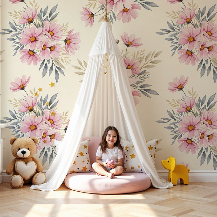 Babykamer behang | Roze bloemen in boeketten