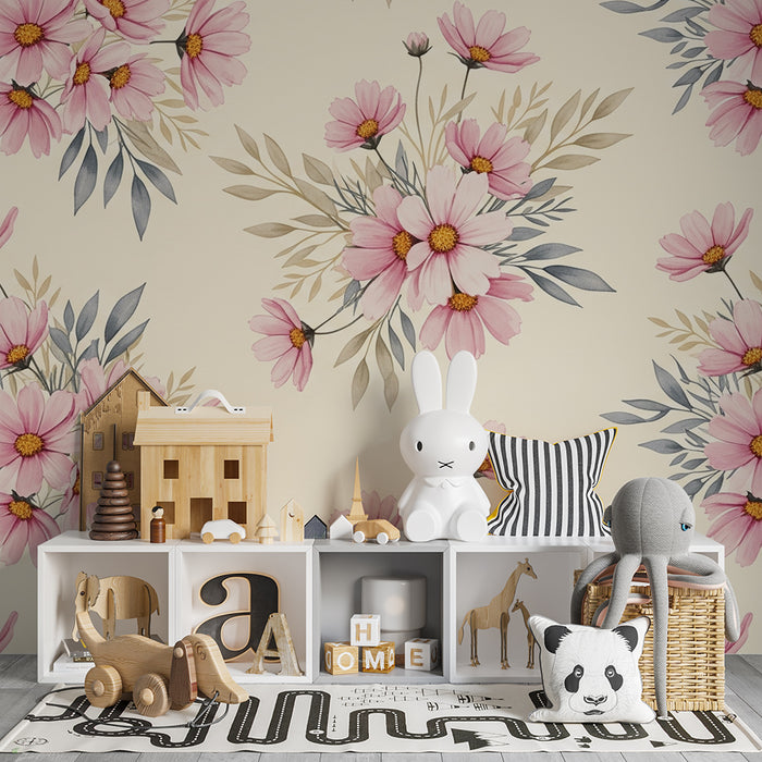 Babykamer behang | Roze bloemen in boeketten