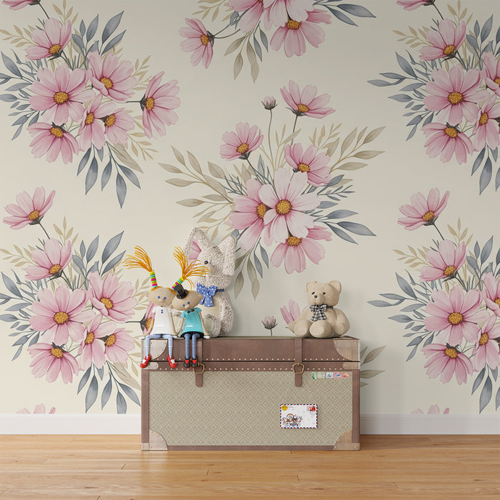 Babykamer behang | Roze bloemen in boeketten